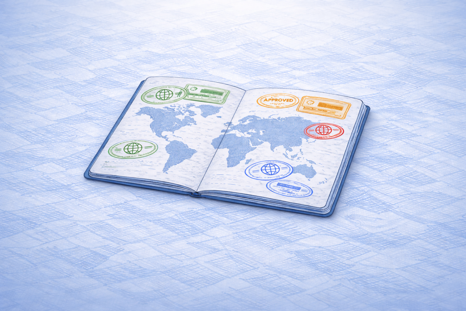 Illustrated passport spread with world map and approval stamps
